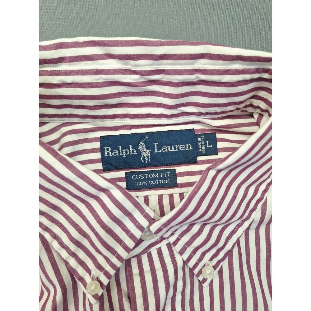 Polo Ralph Lauren Button Down Mens Large Maroon Striped Custom Fit Preppy Office - Picture 3 of 8